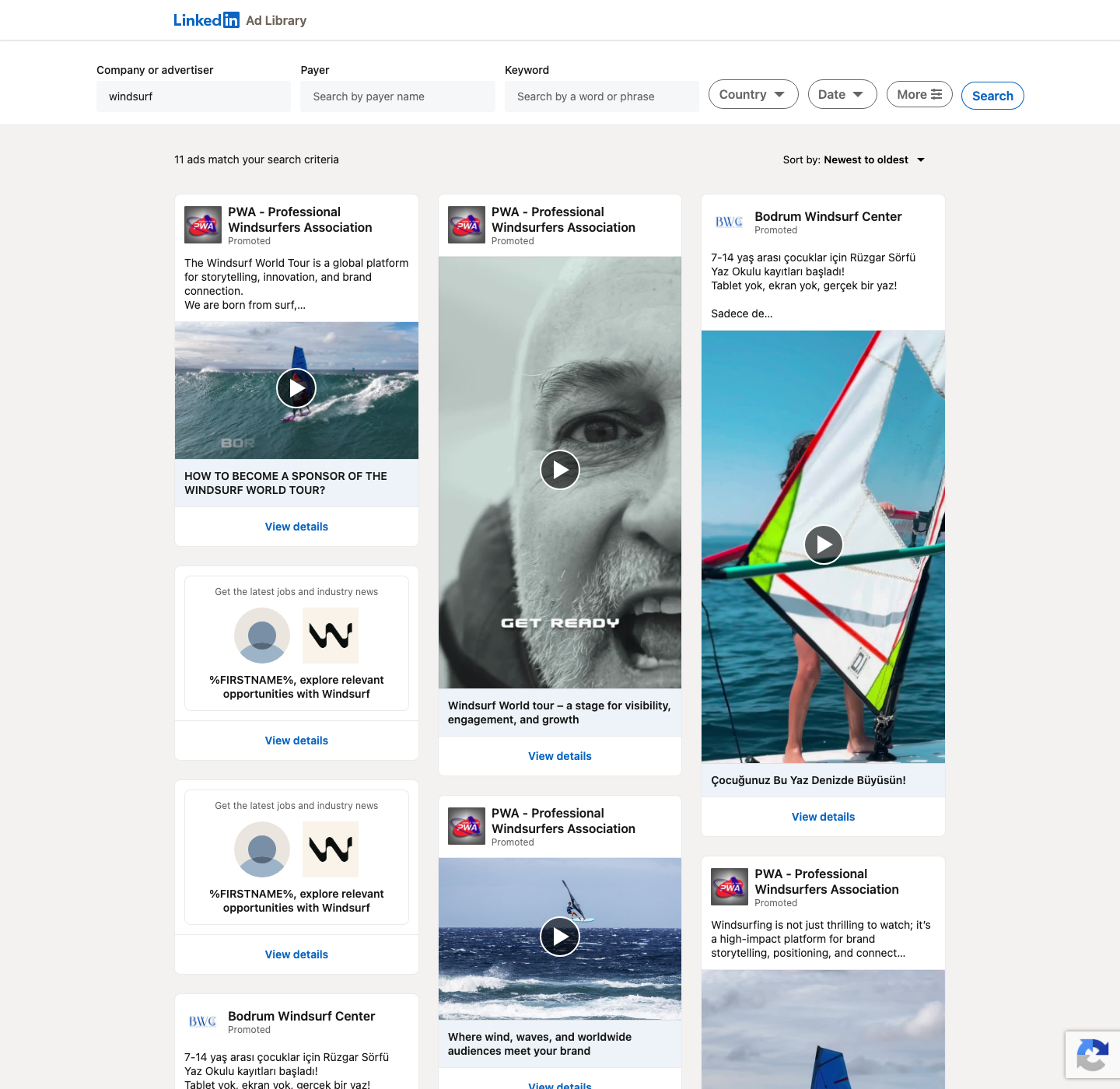 LinkedIn ad library for account owner windsurf: windsurfing association and windsurf school ads surrounding two plain Windsurf recruiting ads